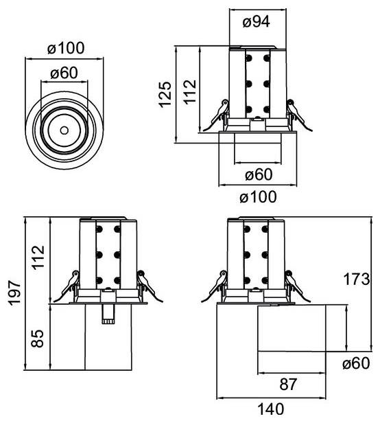 Technische dimensionering van een cilindrisch mechanisch onderdeel weergegeven in voor-, zij- en bovenaanzicht, met afmetingen waaronder 100, 94, 60, 125, 112, 173, 197, 140, 87 en 85.