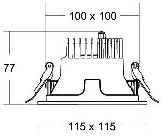 Technische tekening van een koellichaam of elektronisch onderdeel met bevestigingsbeugels, met afmetingen 100 x 100, 115 x 115 en 77.