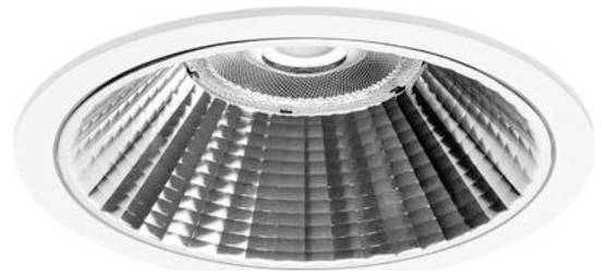 Detailopname van een inbouwbare plafondlamp met een reflecterende geribde binnenkant en witte rand.