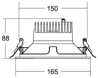 Technische tekening van een rechthoekig elektronisch component met veerclips, met afmetingen 150 mm breed, 165 mm basisbreedte en 88 mm hoog.