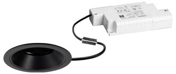 'Ingebouwde LED-downlight met zwarte afwerking, verbonden met een witte rechthoekige driver via een zwarte kabel, gebruikt voor plafondinstallaties.'