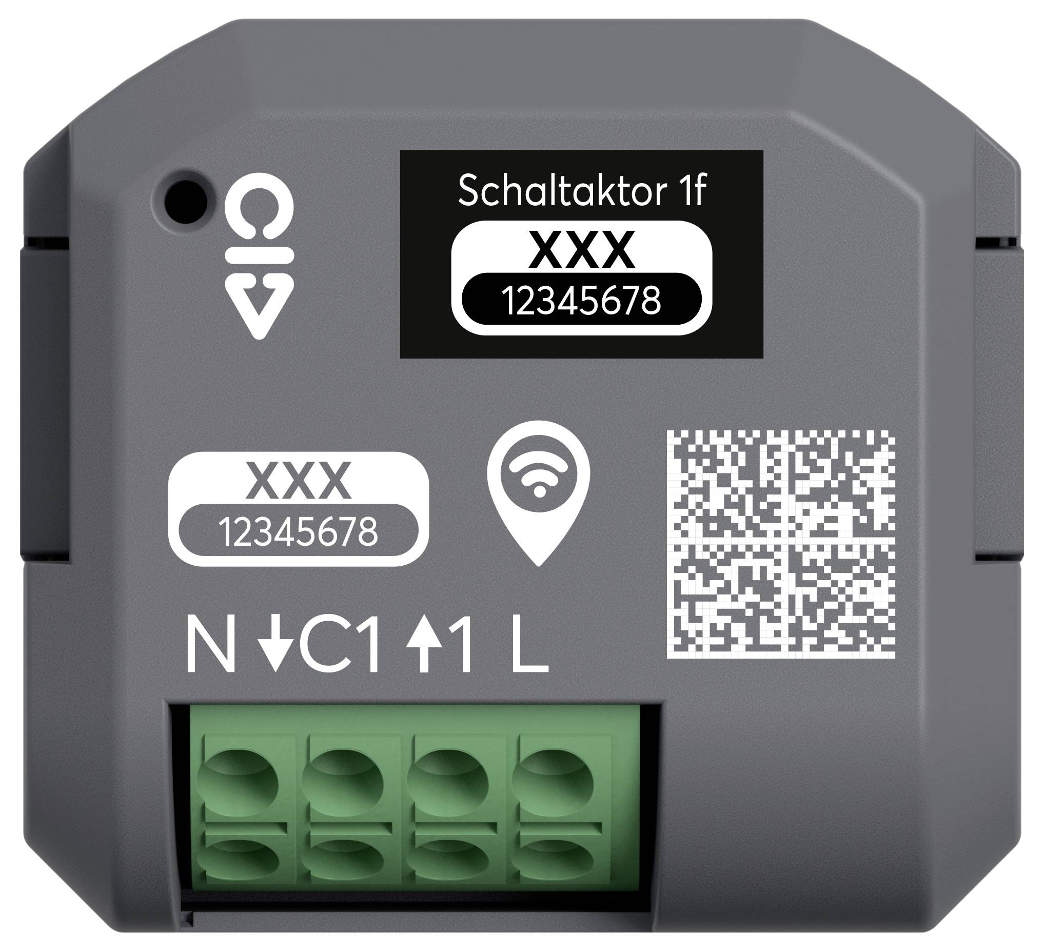 'Een rechthoekig apparaat met een QR-code, gelabeld 'Schaltaktor 1f', voorzien van aansluitpoorten gemarkeerd N, C1 en L.'