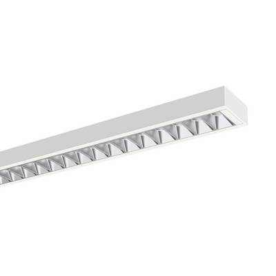 Lange rechthoekige witte plafondlamp met een rij reflecterende lamellen aan de binnenkant.