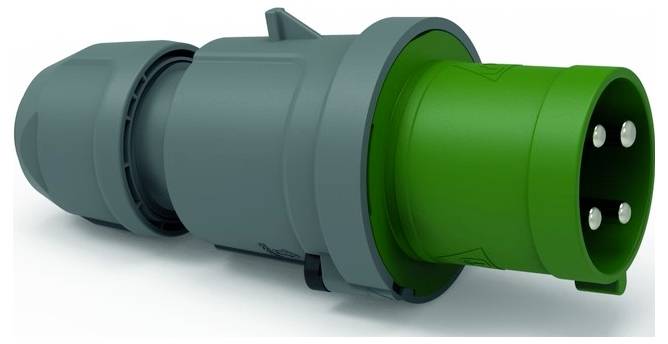 Een grote industriële groen-grijze mannelijke elektrische steker met drie metalen pennen, gebruikt voor hoogspanningsverbindingen in commerciële omgevingen.
