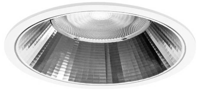 Detailweergave van een ingebouwde ronde plafondlamp met een reflecterende metalen binnenkant en centrale bullseye-lens.