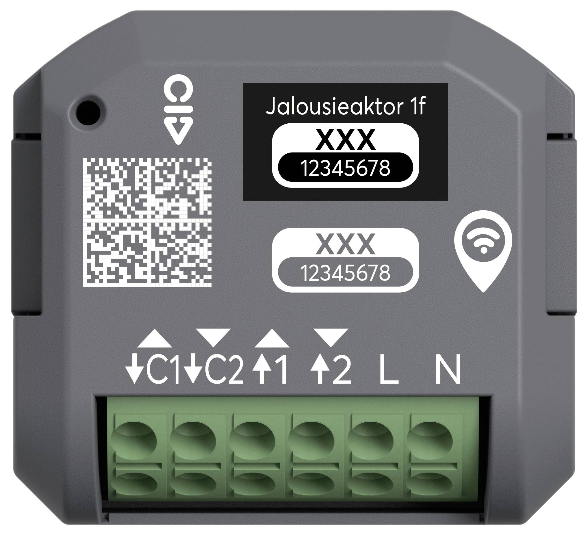 'Jaloezie-actuator 1f' apparaat met een QR-code, Wi-Fi-symbool en verschillende aansluitpoorten gelabeld 'C1', 'C2', 'L', 'N'. Serienummer '12345678'.