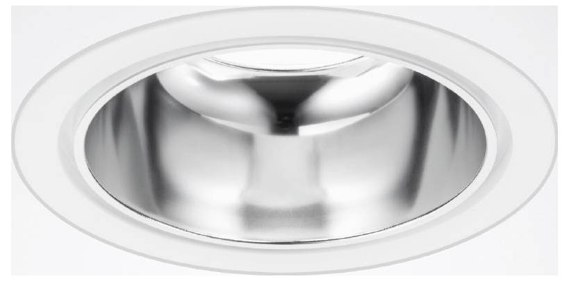 Een ronde ingebouwde zilveren plafondlamp met een reflecterende binnenkant en een witte rand.