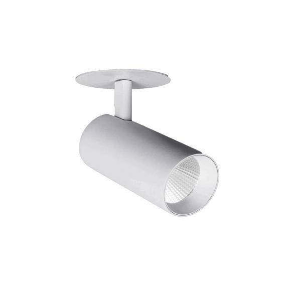 Witte verstelbare plafondspotlamp met cilindrische lampenkop op een effen achtergrond.