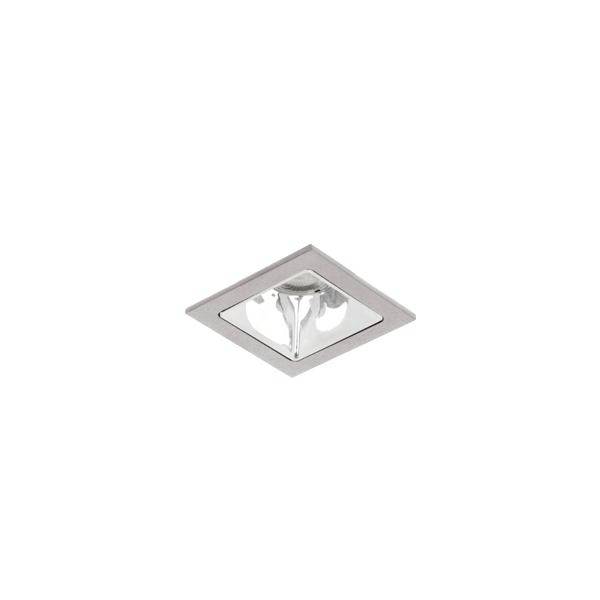 Vierkante inbouwplafondlamp met metalen rand en reflecterende binnenzijde, weergegeven tegen een witte achtergrond.