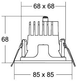Technische tekening van een vierkante inbouwbare armatuur, gelabeld 68 x 68 en 85 x 85, met een hoogte van 68, met zijklemmen en koelribben.