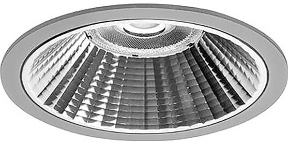 Een ingebouwde plafondlamp met een reflecterende, gestructureerde binnenkant en rond ontwerp, meestal gebruikt voor gerichte verlichting in kamers.