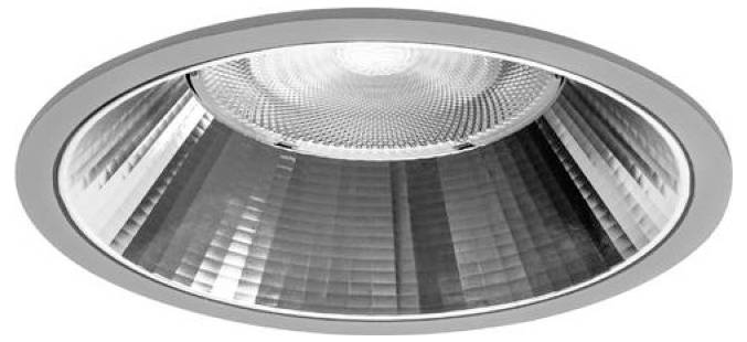 Ronde ingebouwde plafondlamp met reflectief zilverinterieur en geribd diffusorscherm.