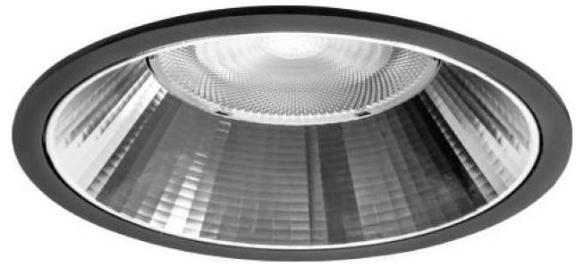 Ingebouwde ronde plafondlamp met reflecterende binnenkast en zwarte rand.
