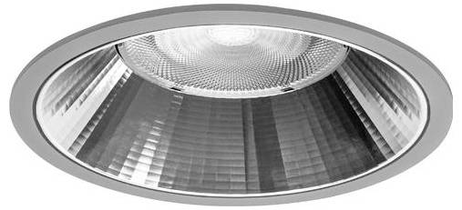 Een ingebouwde plafondlamp met een reflectief metalen oppervlak en een gemusterde diffuser, ontworpen voor moderne binnenverlichting.