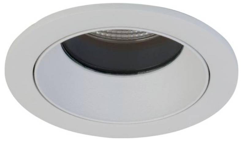 Inbouwspotje voor het plafond, rond, met zilveren ring en zwart binnenreflector.
