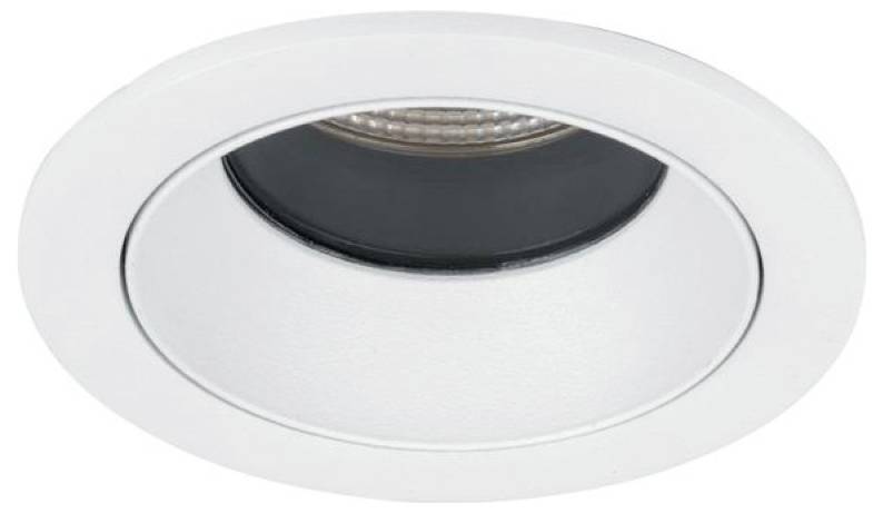 Witte inbouwkastplafondspot met cirkelvormige rand en donkere binnenhuisvesting van de lamp.