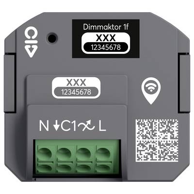 'Dimaktor 1f'-apparaat met QR-code, Wi-Fi-symbool en bedrading labels 'N', 'C' en 'L'. Serienummer 'XXX 12345678'.