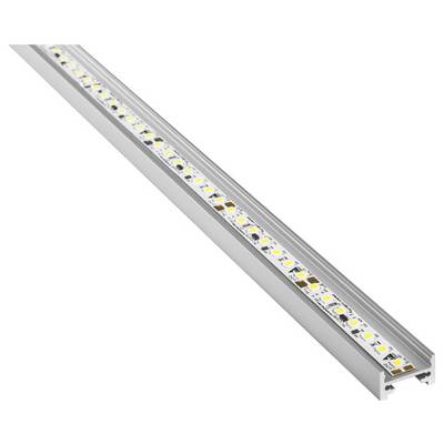 Een lange, slanke LED-lichtstrip met een reeks kleine lampjes ingebed op een metalen rail, ontworpen voor onderkast- of taakverlichting.