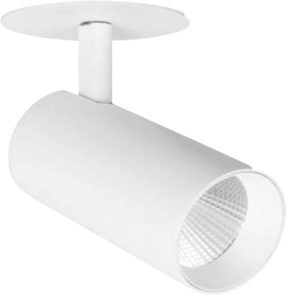 Witte plafondgemonteerde railverlichting met een cilindrische spotlight gericht naar beneden.