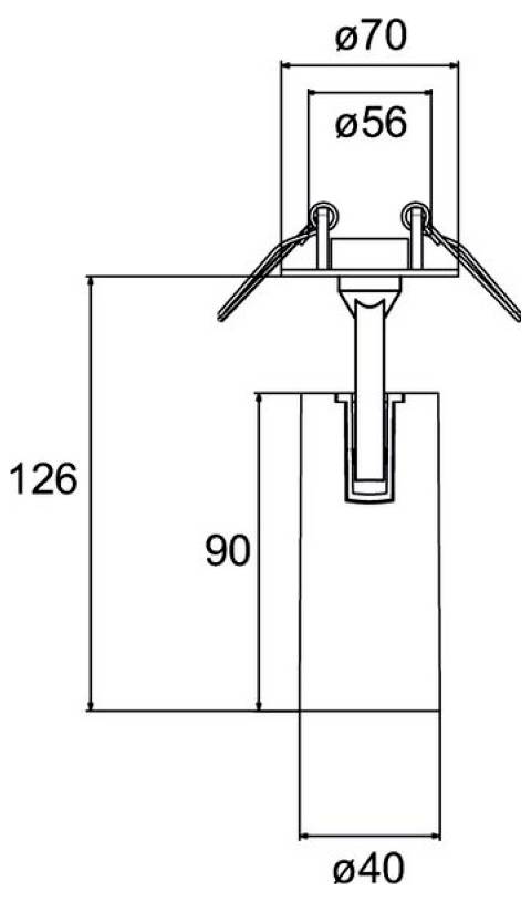 Getekende technische tekening van een cilindrische fitting, met weergave van ø70 buitenkant bovenkant, ø56 binnenopening, ø40 onderkant, en hoogten 126 en 90.