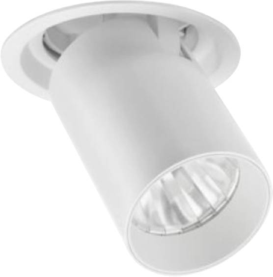 Witte verstelbare inbouwspotlamp met cilindrisch lichaam en ronde rand.
