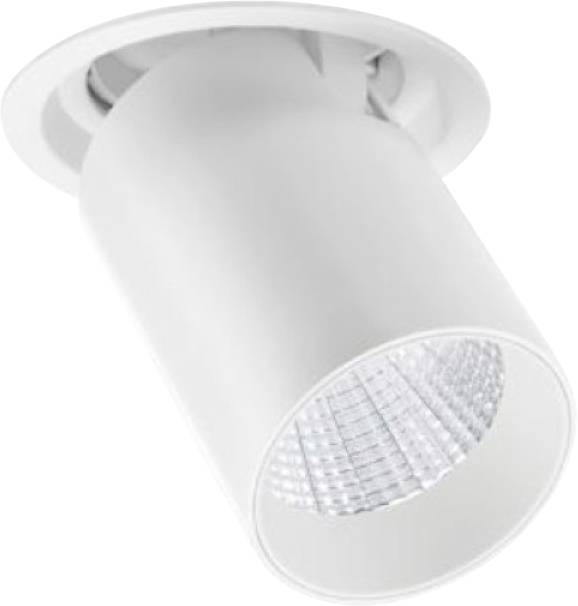 Witte cilindrische inbouw-plafondspot met schuine reflecterende rand en zichtbare LED-lens.