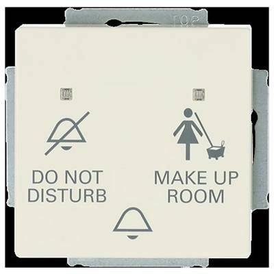 Een hotelkamerschakelaarplaat met labels: 'Niet storen' met een doorgestreepte belpictogram, en 'Kamer opmaken' met een pictogram van een huishoudstera die een kar duwt.