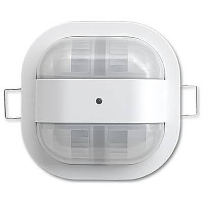 Een wit, rechthoekig apparaat met twee transparante koepels en een centrale sensor, waarschijnlijk een aan het plafond gemonteerde bewegingsmelder of lichtsensor.