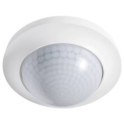Een ronde aan het plafond gemonteerde bewegingssensor met een witte kunststof behuizing en een zeshoekig patroonlens, gebruikt voor het detecteren van beweging in een ruimte.