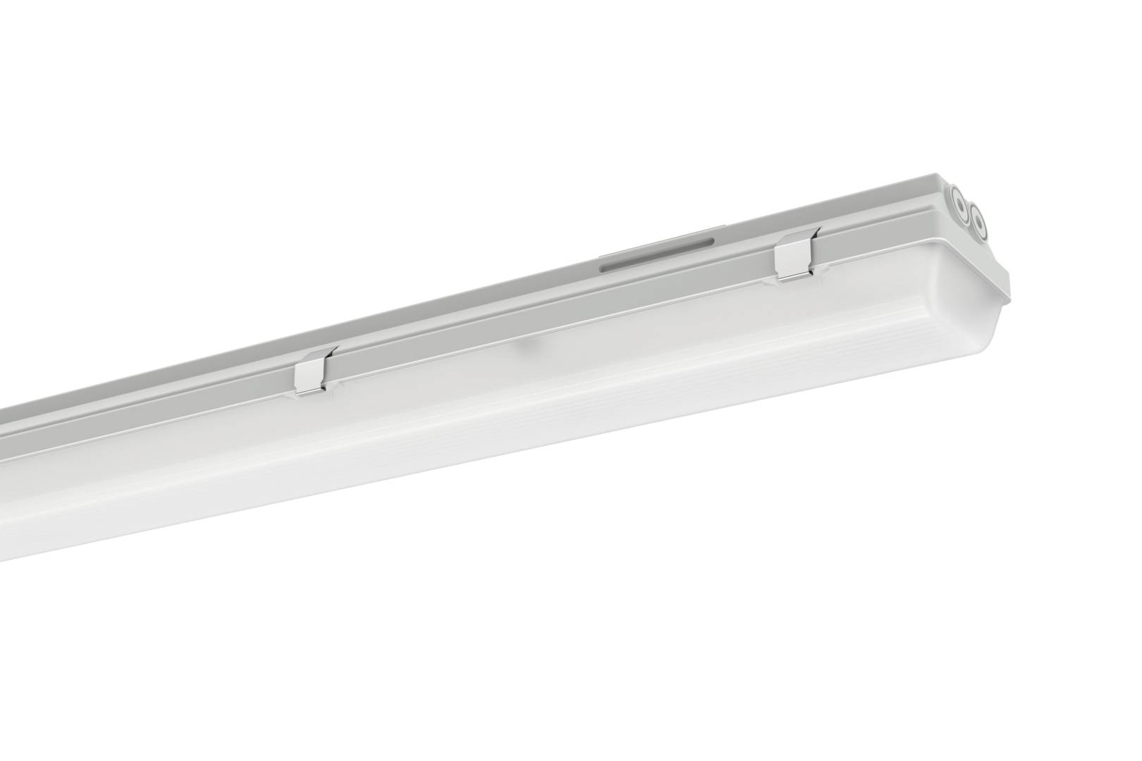 Een slanke witte LED-stripverlichting op een effen witte achtergrond.