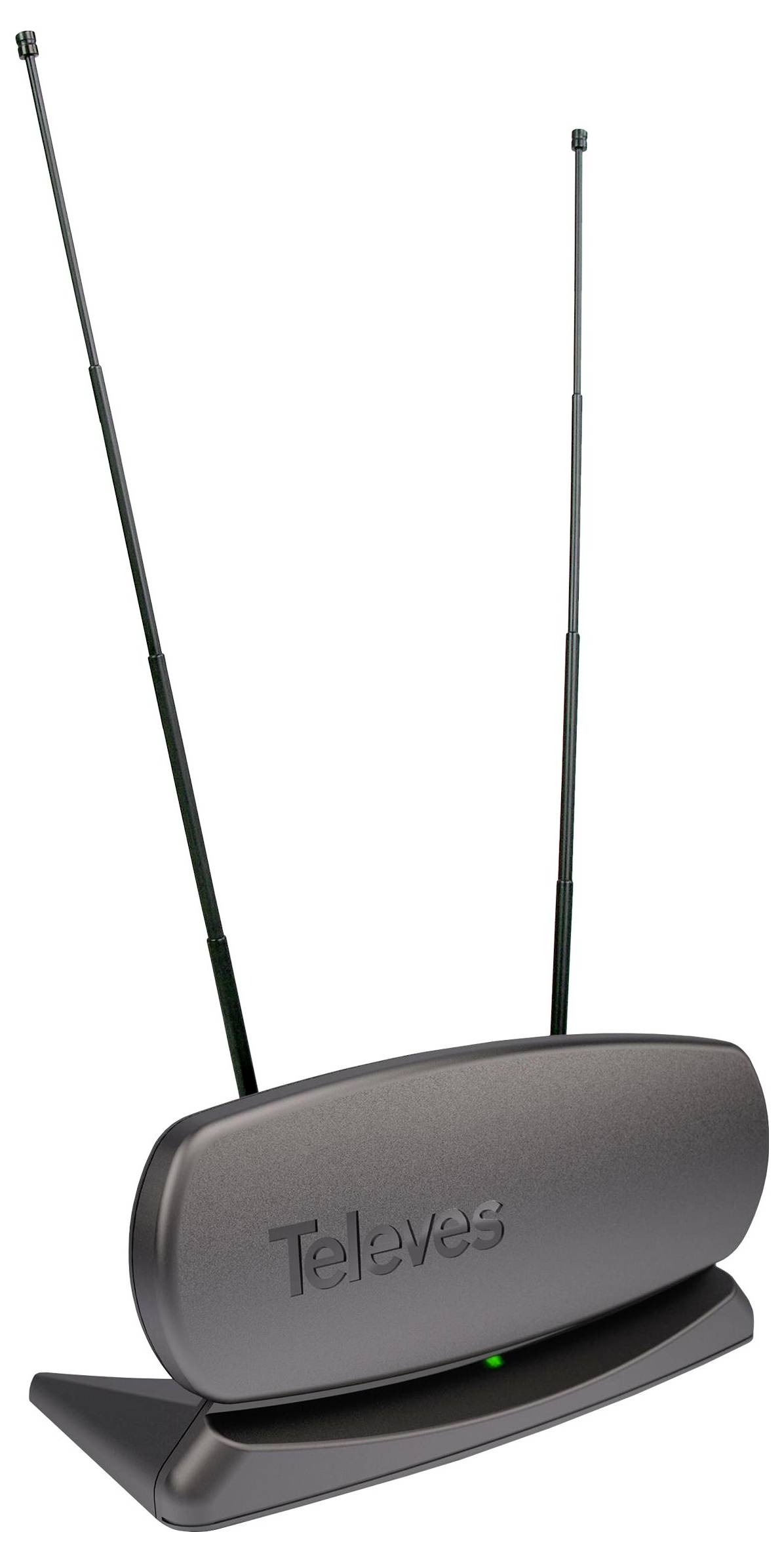 'Antenne met twee telescopische staven, gemerkt Televes, ontworpen voor televisiesignaafontvangst, op een kleine voet met een groen indicatielampje.'