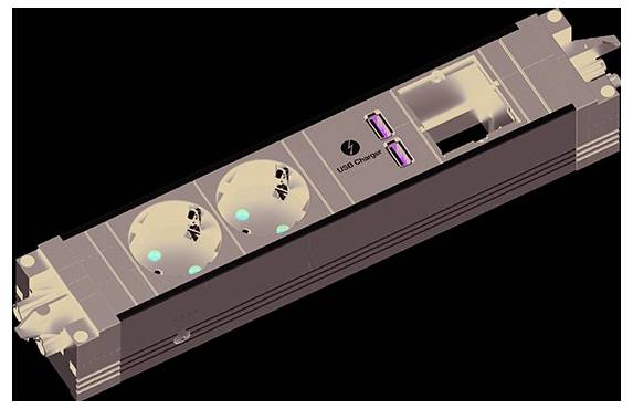 '3D-gerenderd model van een stekkerdoos met twee elektrische stopcontacten en twee USB-laadpoorten aan de zijkant tegen een zwarte achtergrond.'