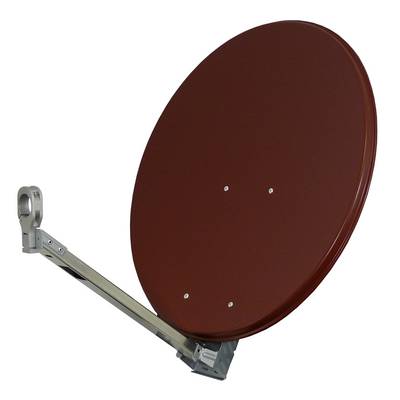 Een rode schotelantenne gemonteerd op een metalen beugel, schuin naar boven gericht, gebruikt voor het ontvangen van televisie- of internetsignalen.
