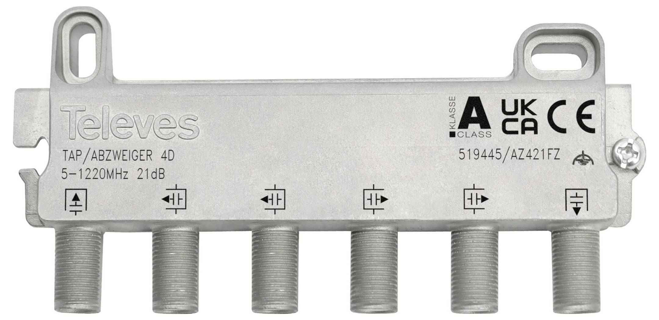 'A Klasse' TV-signaalverdeler met zes poorten en '5-1220MHz 21dB' specificaties voor kabelverdelingen.