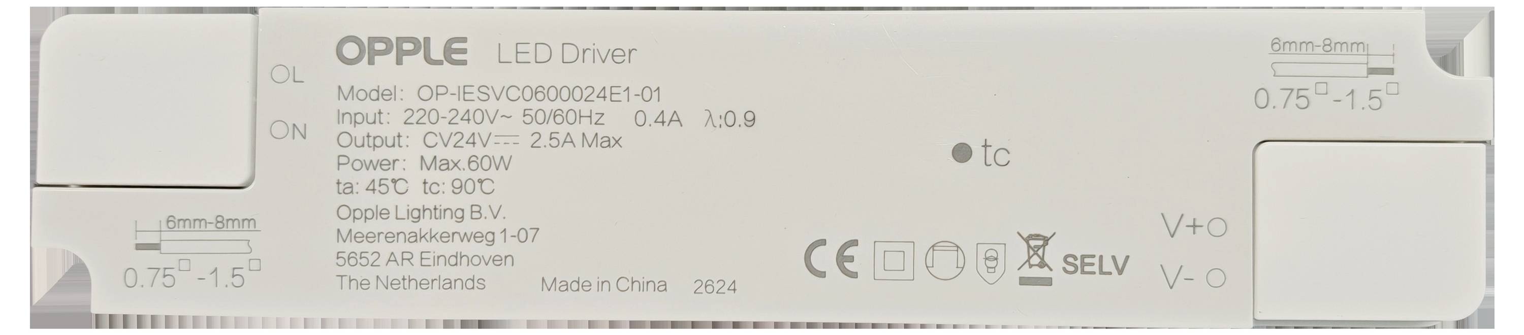 'OPPLE LED Driver' etiket met modelgegevens, ingang/uitgang, vermogen, temperatuur, fabrikantgegevens, veiligheidskeurmerken en CE-conformiteit.