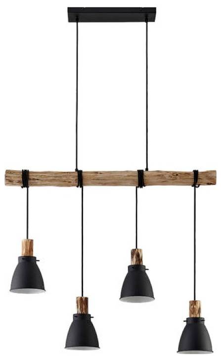 Rustieke houten balk-hanglamp met vier zwarte hangende lampen opgehangen aan een plafondbeugel.