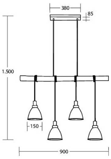 Technische tekening van een hanglamp: vier hanglampen op een 900 mm balk, opgehangen 1.500 mm vanaf het plafond, met 380 mm montage en 85 mm diepte.