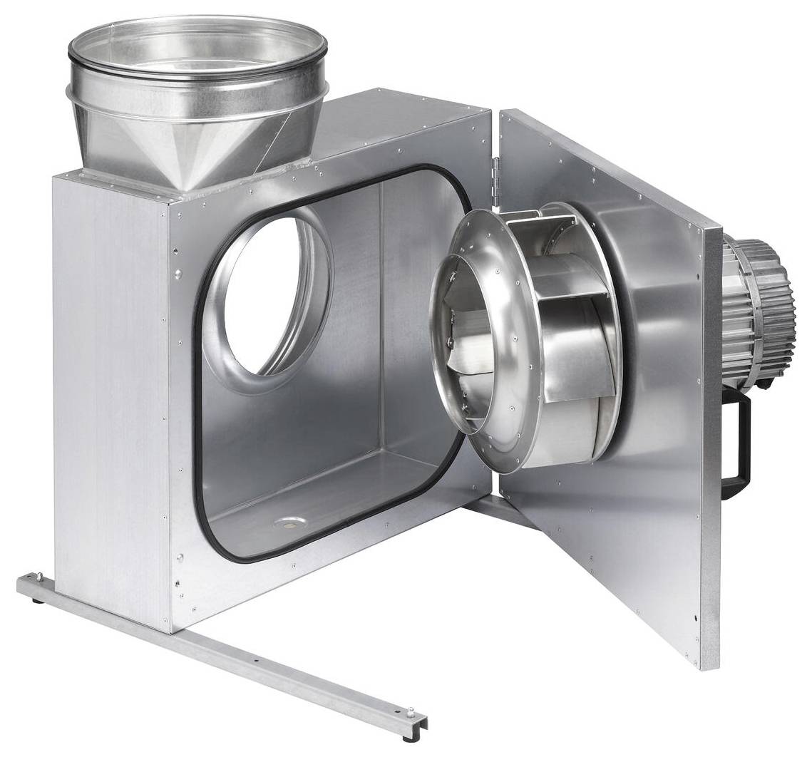 Een open metalen luchtventilatorassemblage met een motor, met een ciervormige kanaalaansluiting en binnencomponenten, gebruikt voor ventilatiesystemen.