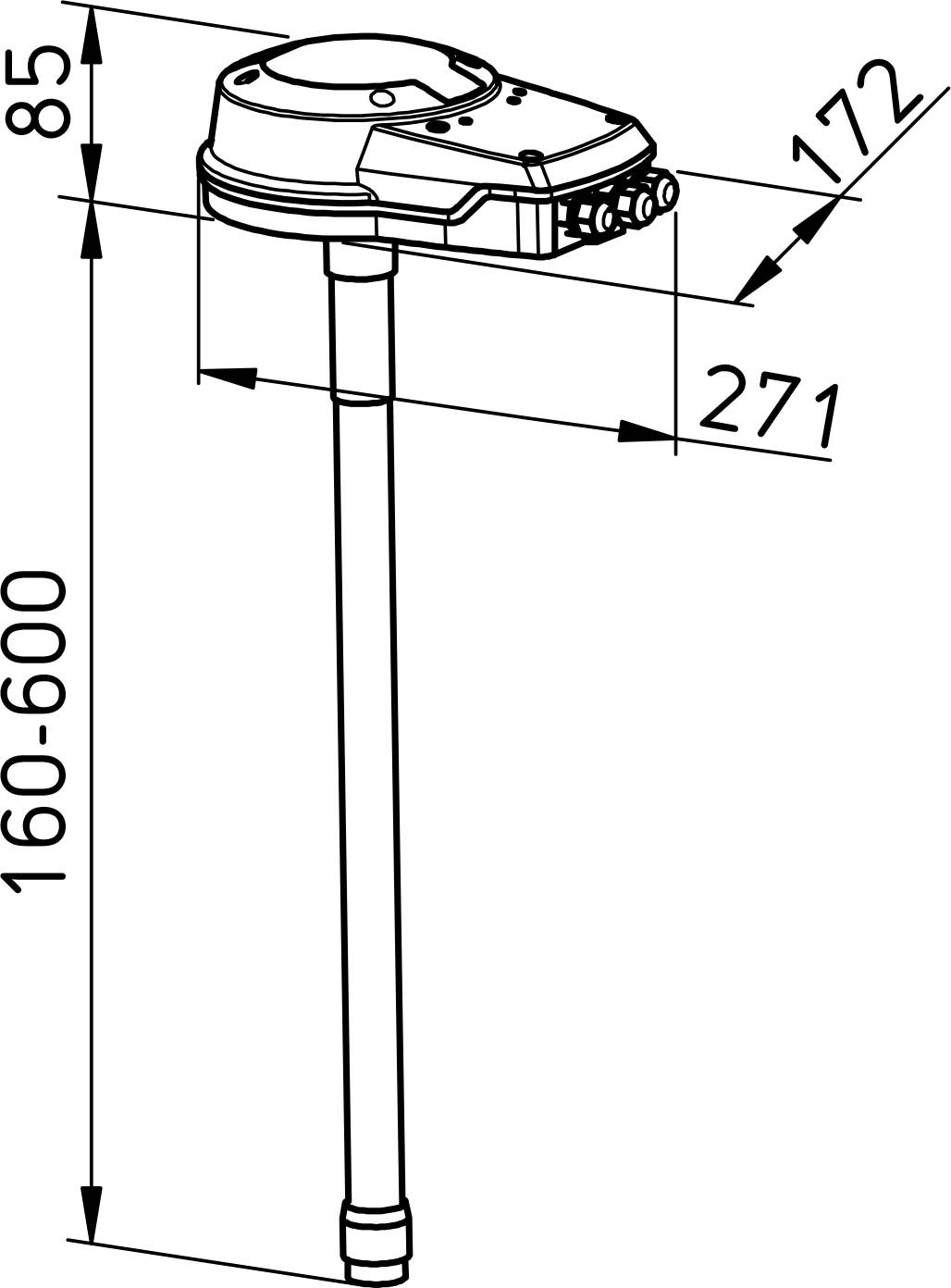 Technische tekening op schaal van een langwerpig, op een paal gemonteerd apparaat met bovenunit; toont afmetingen 85, 172, 271 en hoogte 160-600 mm.