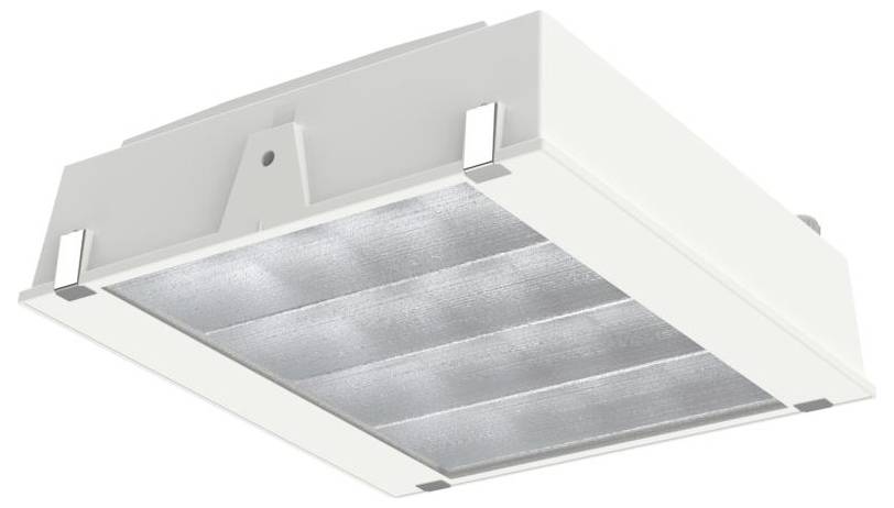 Een witte, rechthoekige plafondlamp met reflecterende oppervlakte, ontworpen voor installatie in commerciële of industriële ruimten.
