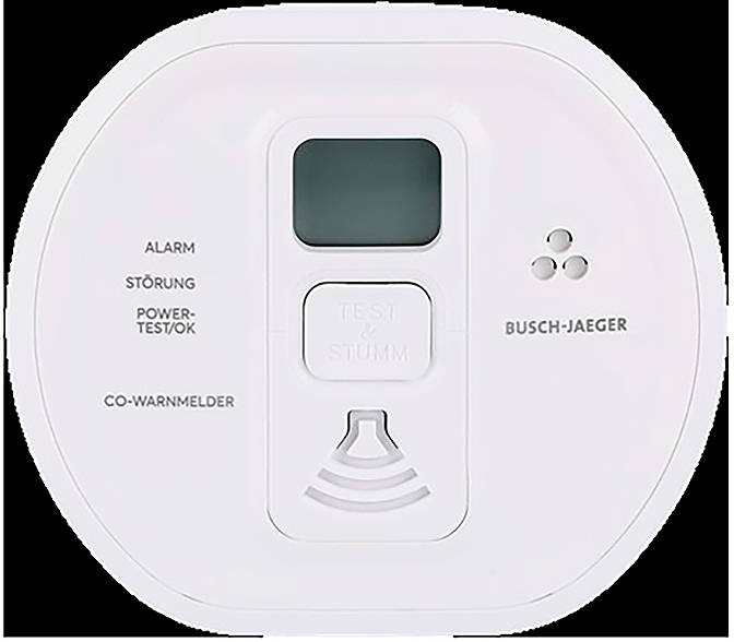 Een wit CO-alarmeerapparaat met digitaal display, gelabeld 'Busch-Jaeger'. Knoppen omvatten 'Test/Mute'. Indicatoren tonen 'Alarm' en 'Power-Test/OK'.