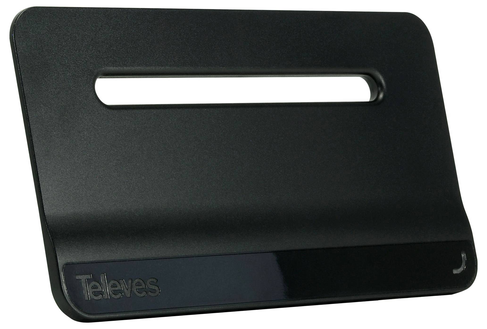 Een slanke, zwarte Televes tv-antenne met een horizontale opening, ontworpen voor moderne esthetiek en functionaliteit.