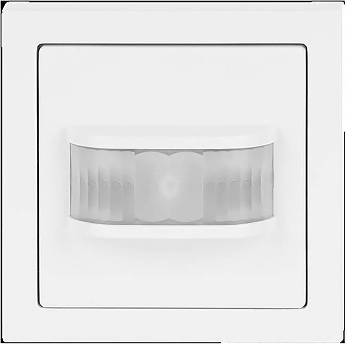 Een witte bewegingsmelder met rechthoekig design, gemonteerd op een muur, gebruikt voor het detecteren van beweging om verlichting of beveiligingssystemen te activeren.