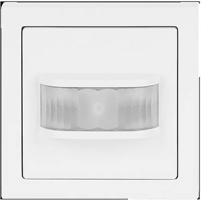 Een witte bewegingsmelder met rechthoekig design, gemonteerd op een muur, gebruikt voor het detecteren van beweging om verlichting of beveiligingssystemen te activeren.