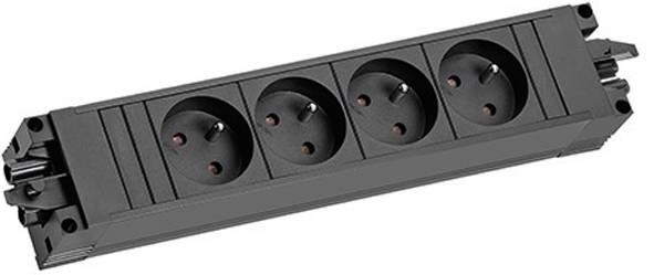 Een zwarte stekkerdoos met vier contactdozen, ontworpen voor elektrische verbindingen.