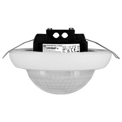 Een Luxomat bewegingsmelder met een witte koepel en zwarte bevestigingsbeugel, voorzien van model- en technische gegevens op het bijgevoegde etiket.