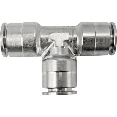 Metalen T-vormige pijpverbindingsstuk met drie cilindrische openingen op een witte achtergrond.