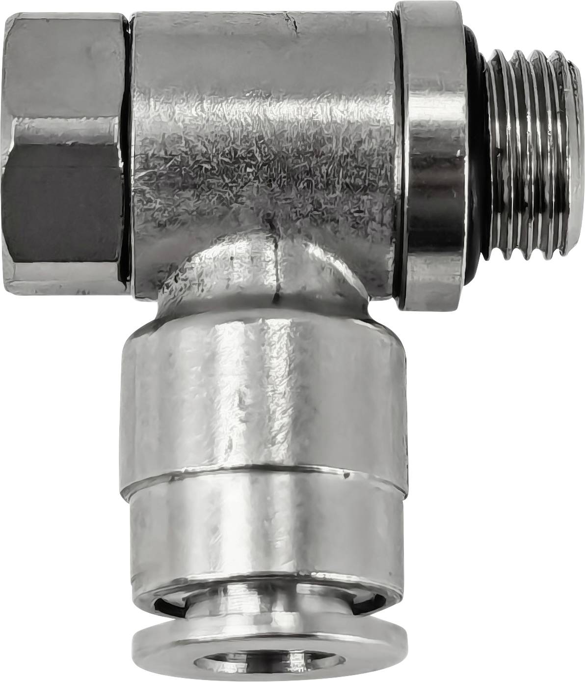 Chrome metalen rechtwinkelige pijpverbinding met zeskantige moer en schroefdraad mannelijk uiteinde, weergegeven op een witte achtergrond.