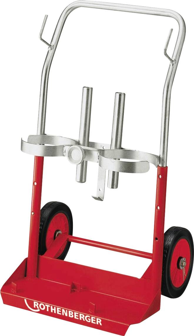 Rode en zilveren apparatenwagen met twee grote zwarte wielen, gebruikt voor het vasthouden en transporteren van gasflessen, gemerkt met 'Rothenberger'.