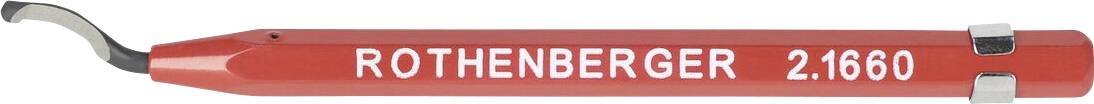 Rode ontbraamgereedschap met een gebogen metalen mes, gemerkt 'ROTHENBERGER 2.1660'.